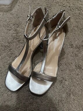 Adrienne Vittadini Silver Metallic T-Strap Heels